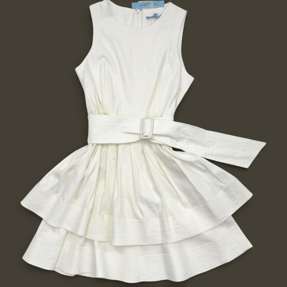 Antonio Melani Ivory Tiered Dress Belted Fit Flare Sleeveless Old Money 8 NWT